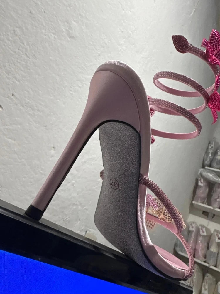 Aneikeh Luxury Designer Pink Flower Rhinestone High Heels Sandals Shoe Sexy Wrap Strap Open Toe Stripper Prom Party Ladies Shoes