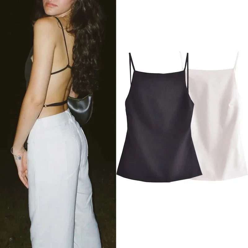 Women's Backless Cami Crop Top - Sleeveless Strappy Party Top