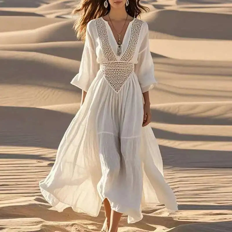 Boho Beach Dress - Deep V Hollow Long Sleeve A-Line Midi Dress for Women