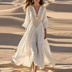 Boho Beach Dress - Deep V Hollow Long Sleeve A-Line Midi Dress for Women