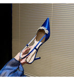 Satin Rhinestone Flower Heeled Sandals - Pointed Toe Stiletto for Women