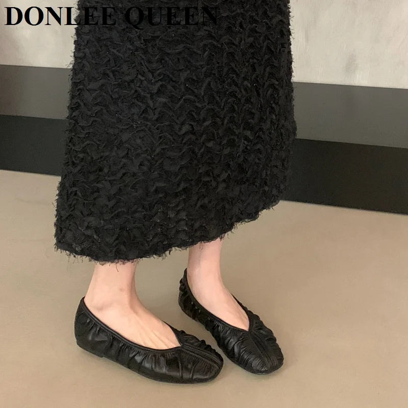 Pleated Square Toe Loafers - Soft Ballerina Flats for Women