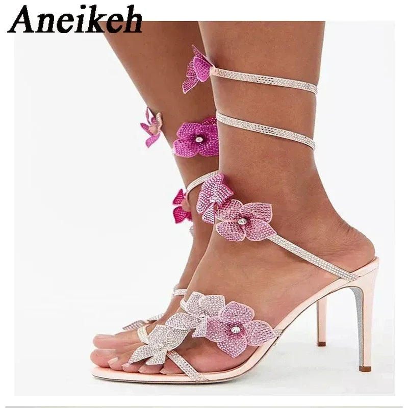 Aneikeh Luxury Designer Pink Flower Rhinestone High Heels Sandals Shoe Sexy Wrap Strap Open Toe Stripper Prom Party Ladies Shoes