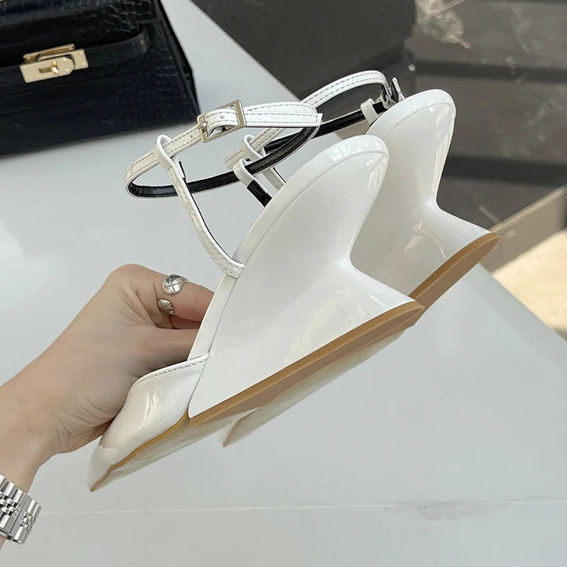 Sculptural Heel Pointed Toe Pumps - Buckle Strap Fashion Heels for Women