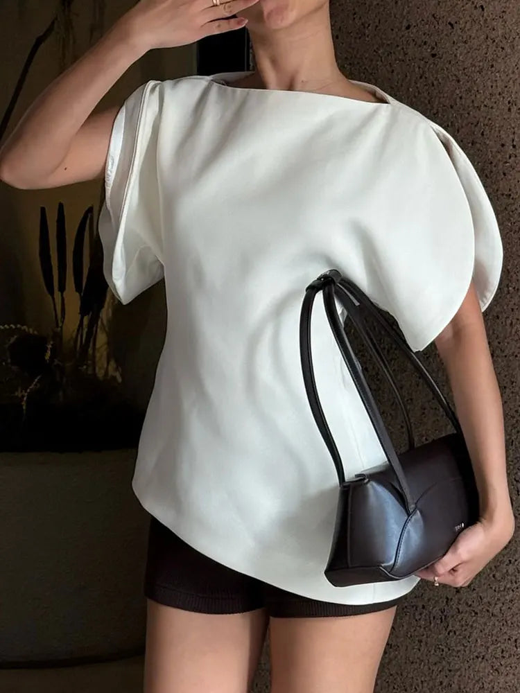 HH Women Casual Loose T-Shirts Asymmetrical Hem Blouse Short Puff Sleeve Shirt Elegant Woman Summer Party Vacation White Tops