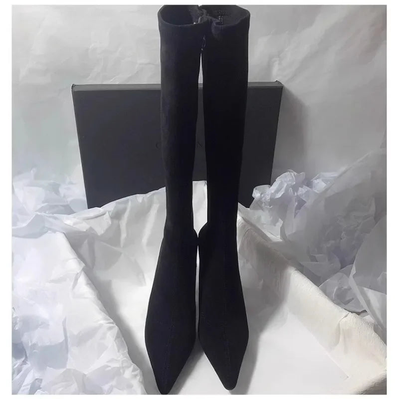 Pointed Toe Knee-High Boots - Square Heel Side Zip Suede Boots for Women
