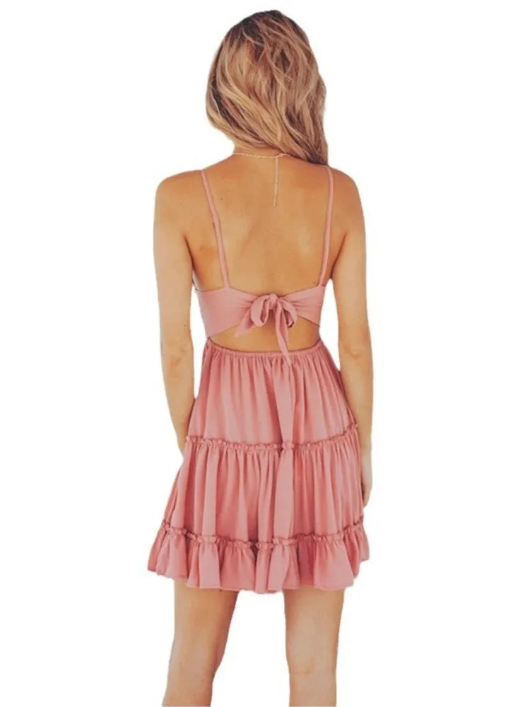 Women's Spaghetti Strap Mini Dress - V-Neck Lace-Up Beach Party Dress