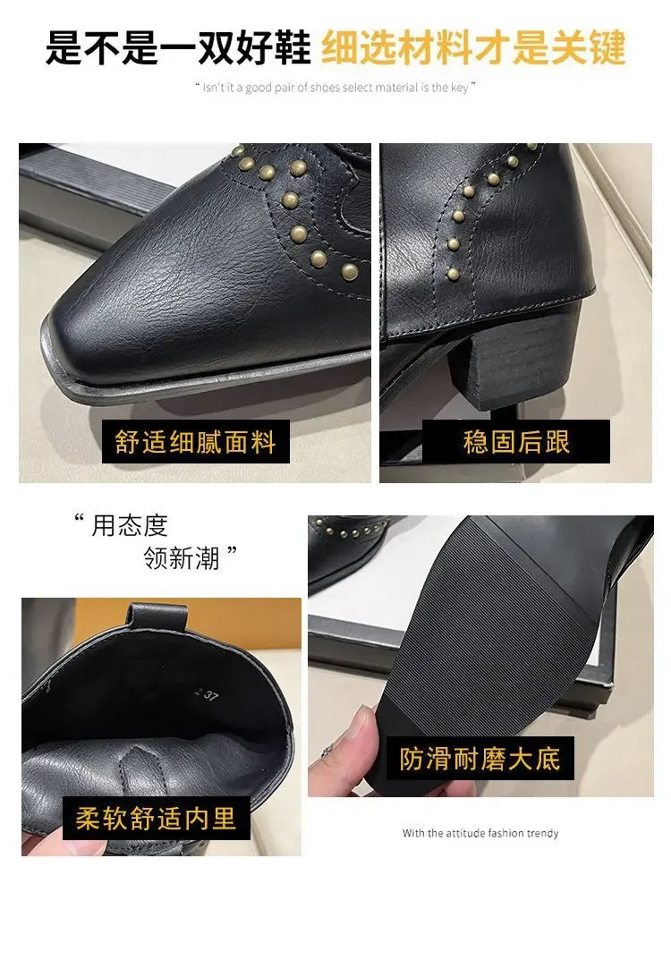 Retro Western Cowboy Boots - Pointed Toe Block Heel Mid-Calf Boots for Women