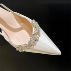 Satin Rhinestone Flower Heeled Sandals - Pointed Toe Stiletto for Women