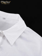 White Cotton Lapel Mini Dress - Long Sleeve Pleated A-Line Dress for Women