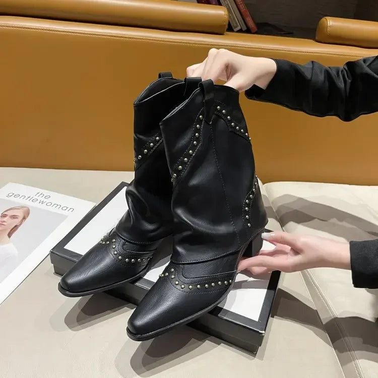 Retro Western Cowboy Boots - Pointed Toe Block Heel Mid-Calf Boots for Women