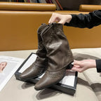 Retro Western Cowboy Boots - Pointed Toe Block Heel Mid-Calf Boots for Women