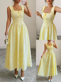 Vestido Casual Amarillo para Mujer | Smocked, Cuello Cuadrado, Largo hasta el Tobillo