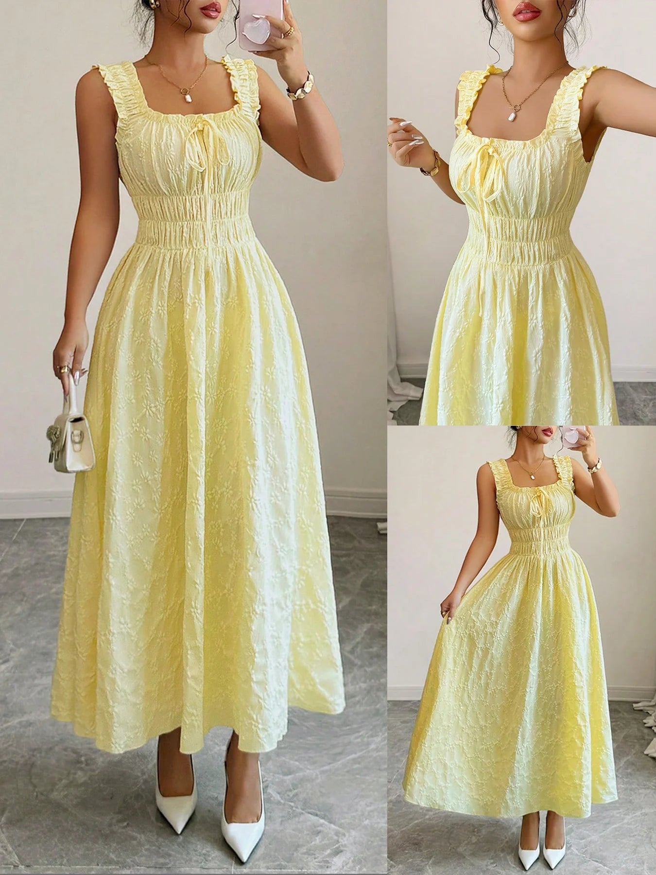 Vestido Casual Amarillo para Mujer | Smocked, Cuello Cuadrado, Largo hasta el Tobillo