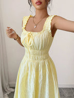 Vestido Casual Amarillo para Mujer | Smocked, Cuello Cuadrado, Largo hasta el Tobillo