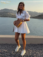 White Cotton Lapel Mini Dress - Long Sleeve Pleated A-Line Dress for Women