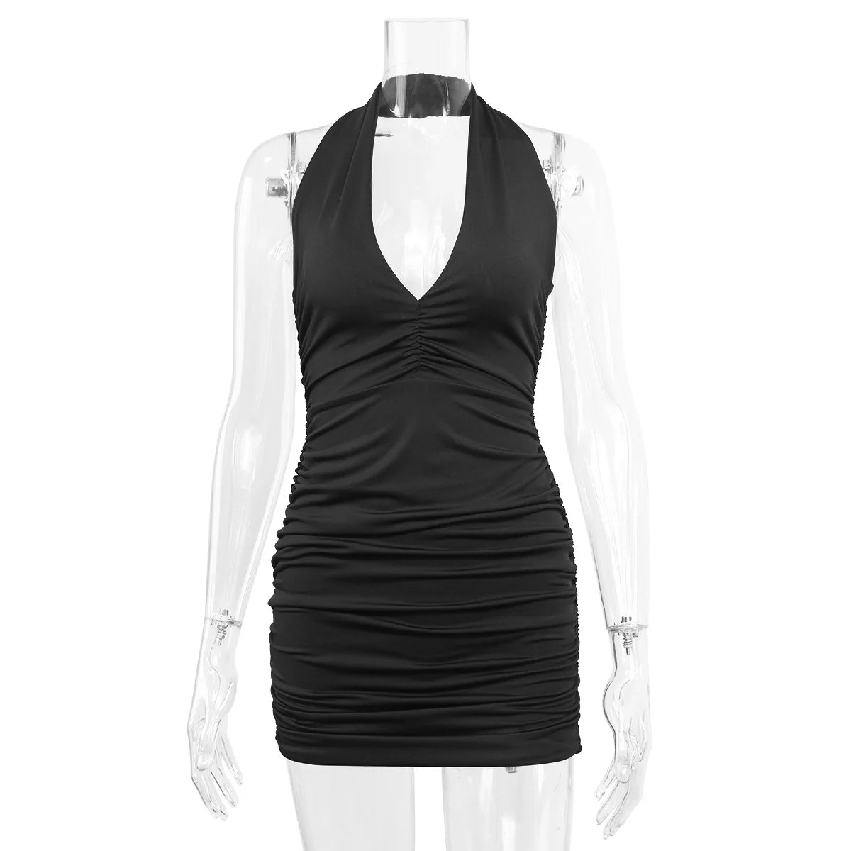 Women's Backless Halter Mini Dress - Deep V Sleeveless Club Dress