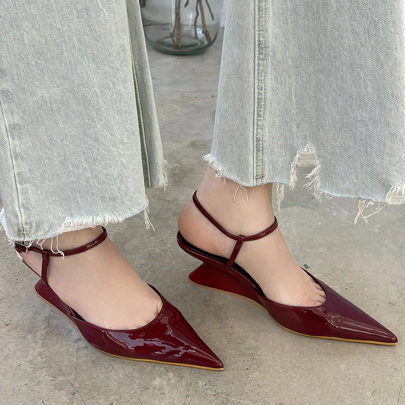 Sculptural Heel Pointed Toe Pumps - Buckle Strap Fashion Heels for Women