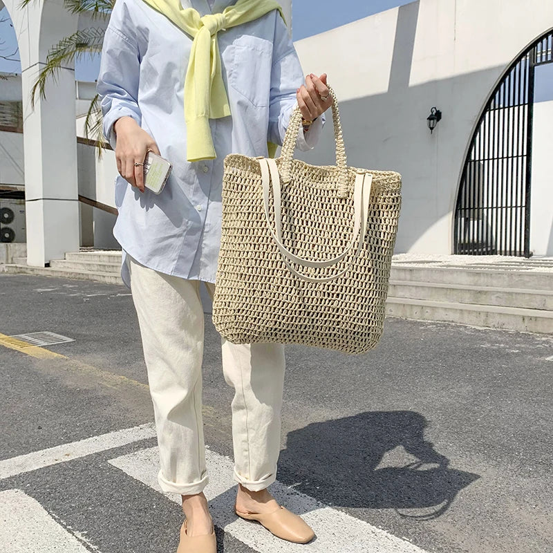 Women's Large Handwoven Straw Tote Bag - Rattan Beach Shoulder Shopper Bag