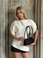 HH Women Casual Loose T-Shirts Asymmetrical Hem Blouse Short Puff Sleeve Shirt Elegant Woman Summer Party Vacation White Tops