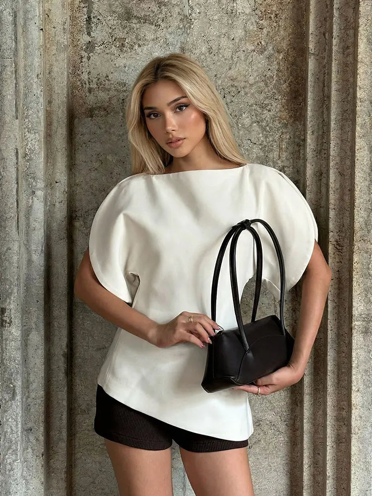 HH Women Casual Loose T-Shirts Asymmetrical Hem Blouse Short Puff Sleeve Shirt Elegant Woman Summer Party Vacation White Tops