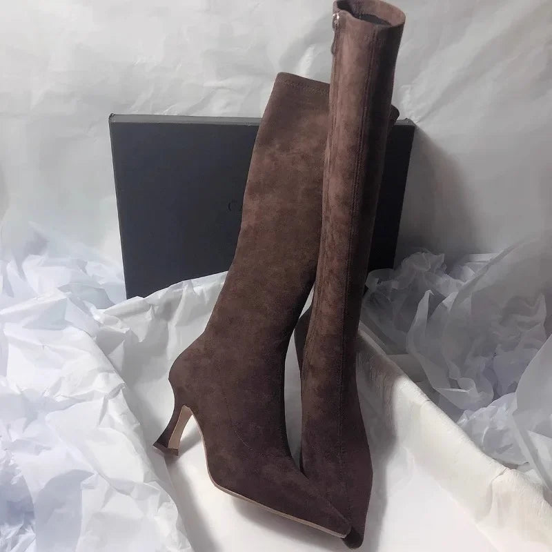 Pointed Toe Knee-High Boots - Square Heel Side Zip Suede Boots for Women