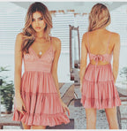 Women's Spaghetti Strap Mini Dress - V-Neck Lace-Up Beach Party Dress
