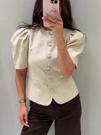 Women's Puff Sleeve Slim Jacket - Short Single-Breasted Casual Chic Coat