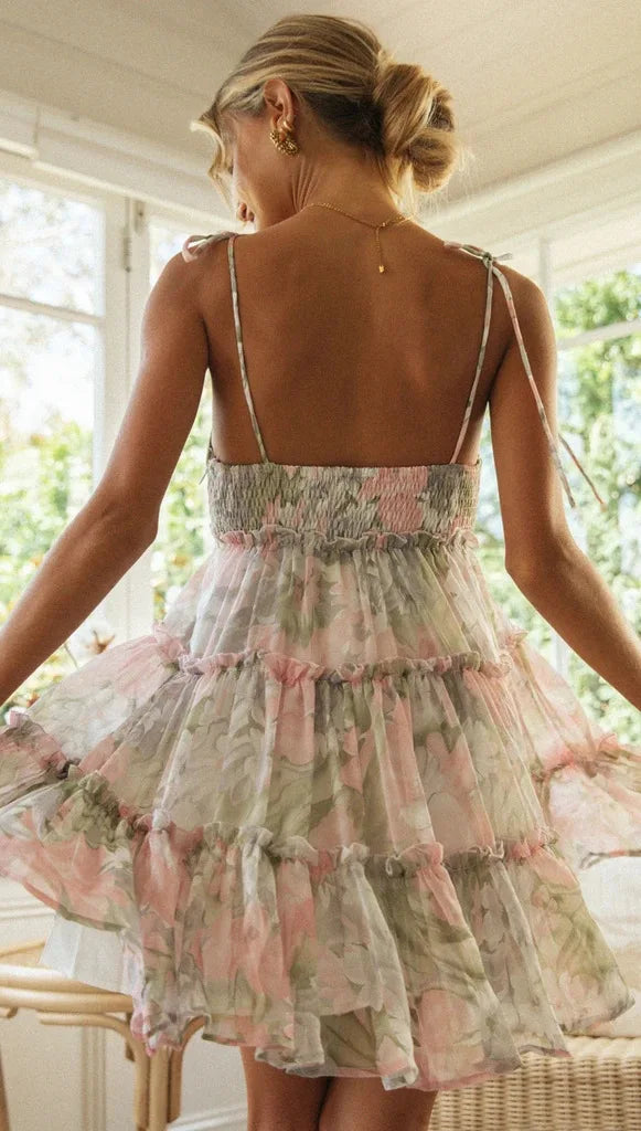 Floral Chiffon Spaghetti Strap Mini Dress - Backless Bow Vacation Dress for Women