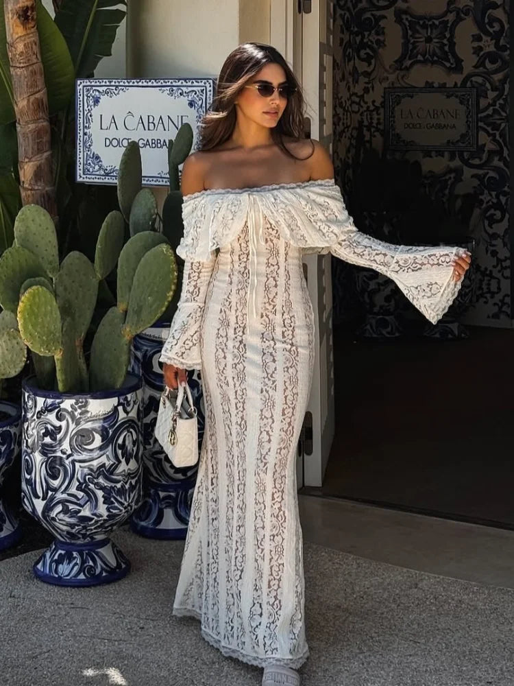 Women's Lace Flare Sleeve Mermaid Dress - Off Shoulder Elegant Floor-Length Gown