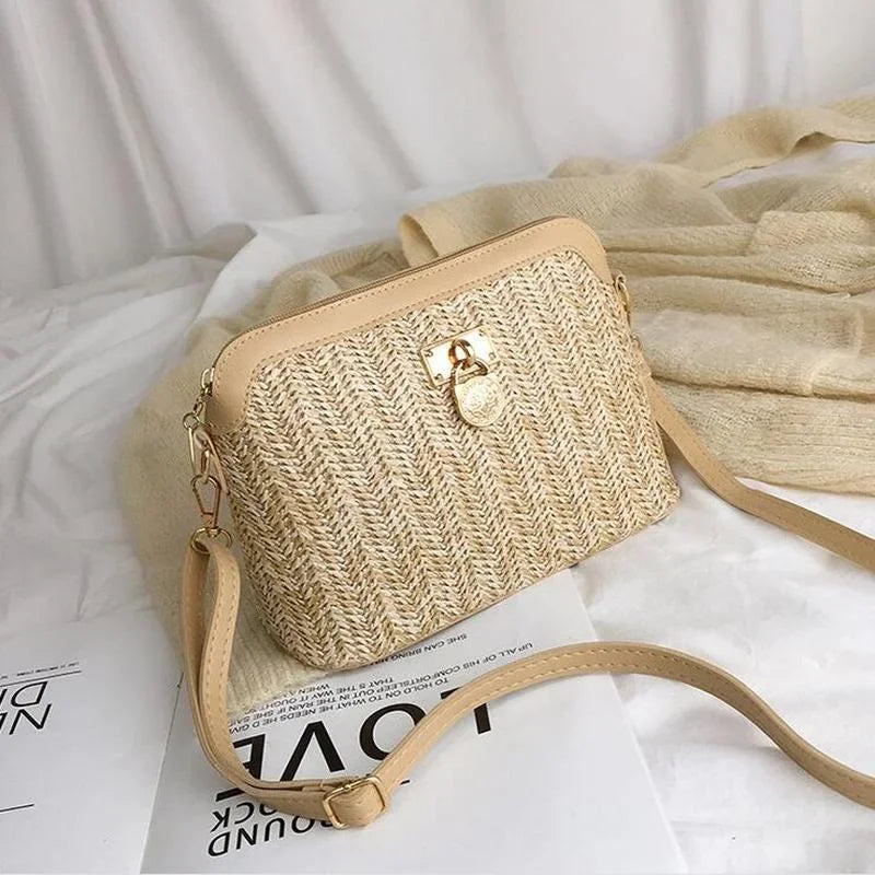 Women's Boho Straw Shell Crossbody Bag - Woven Rattan Beach Shoulder Purse