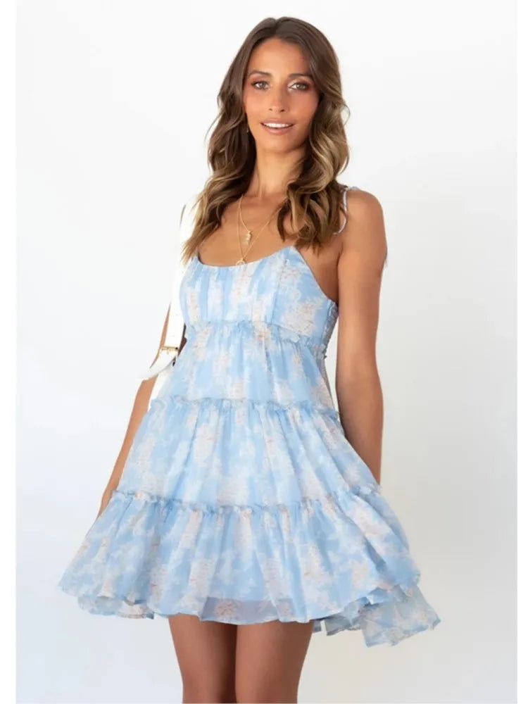 Floral Chiffon Spaghetti Strap Mini Dress - Backless Bow Vacation Dress for Women
