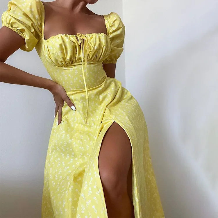 Women's Floral Print Bubble Sleeve Maxi Dress - Square Neck Lace-Up High Waist Split Dress