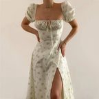 Women's Floral Print Bubble Sleeve Maxi Dress - Square Neck Lace-Up High Waist Split Dress