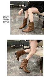 Retro Western Cowboy Boots - Pointed Toe Block Heel Mid-Calf Boots for Women