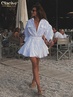 White Cotton Lapel Mini Dress - Long Sleeve Pleated A-Line Dress for Women