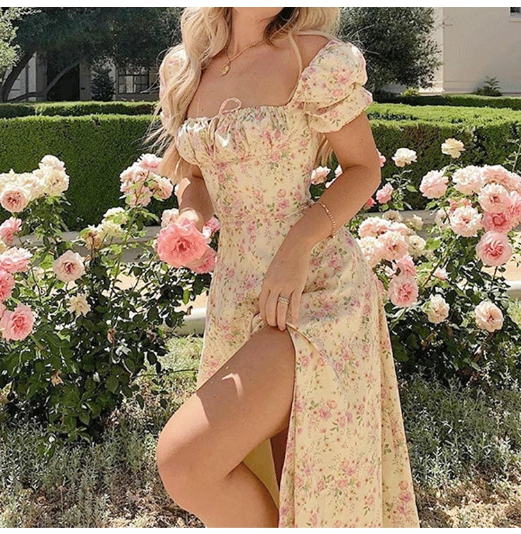 Women's Floral Print Bubble Sleeve Maxi Dress - Square Neck Lace-Up High Waist Split Dress