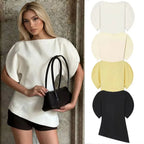 HH Women Casual Loose T-Shirts Asymmetrical Hem Blouse Short Puff Sleeve Shirt Elegant Woman Summer Party Vacation White Tops