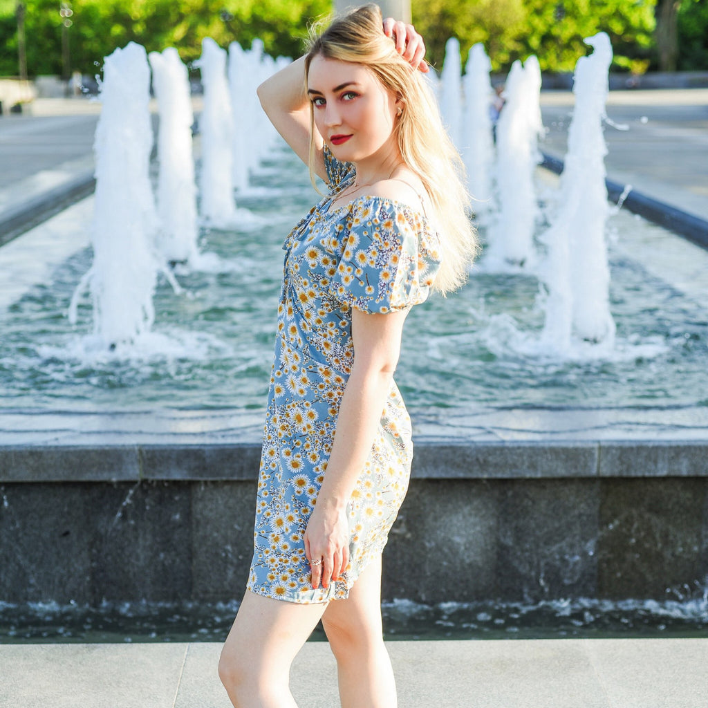 Women's Floral Chiffon Mini Dress - Puff Sleeve V-Neck Casual Dress