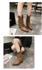 Retro Western Cowboy Boots - Pointed Toe Block Heel Mid-Calf Boots for Women