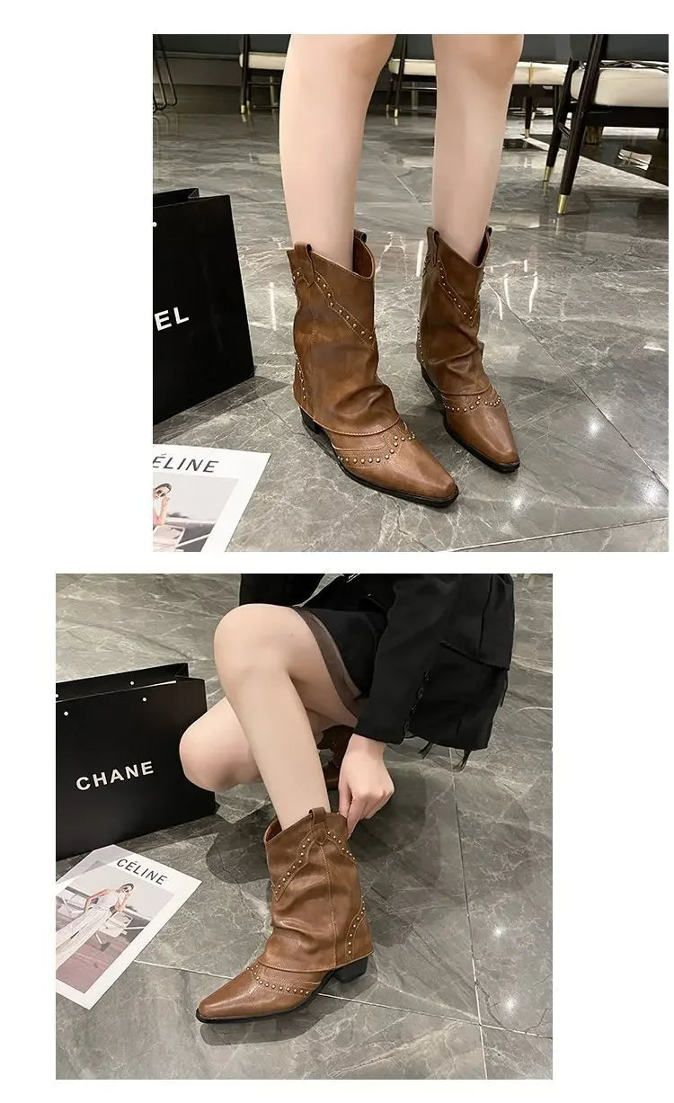 Retro Western Cowboy Boots - Pointed Toe Block Heel Mid-Calf Boots for Women