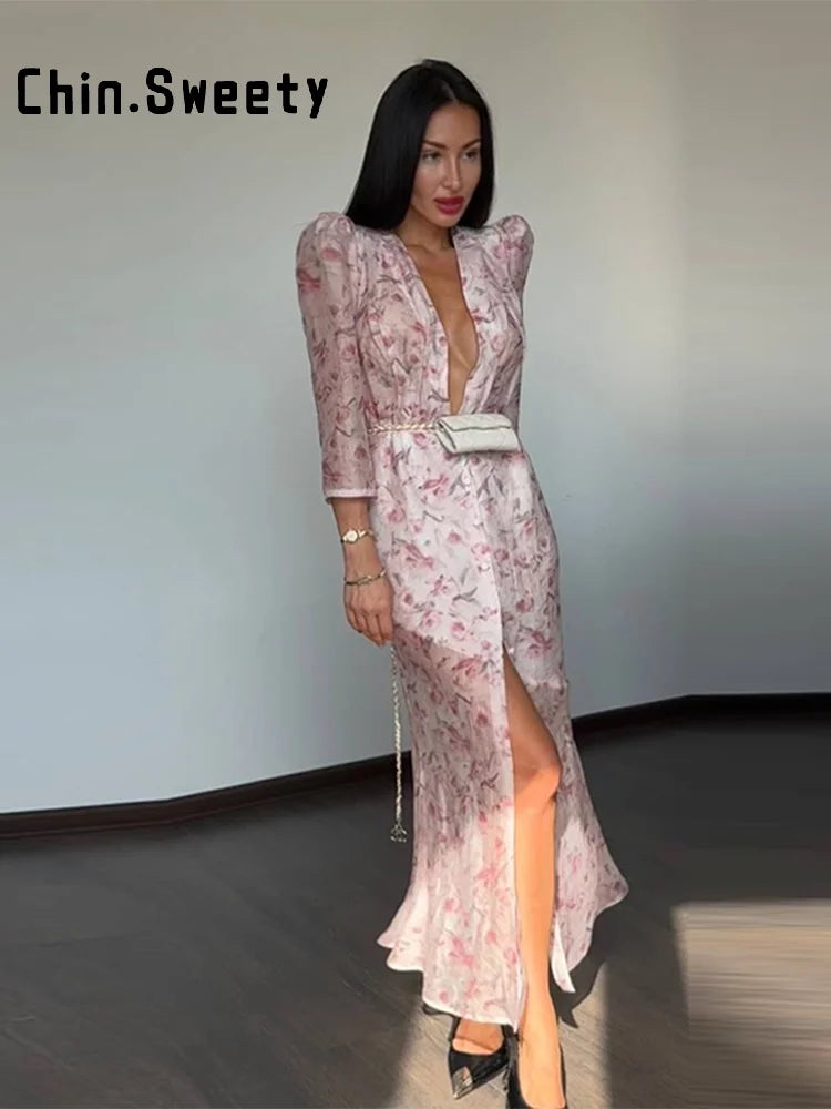 Women's Printed V-Neck Pleated Midi Dress - Half Sleeve Empire Waist Holiday Dress