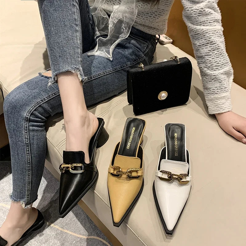 Block Heel Mules - Closed Toe Slip-On Loafers for Women