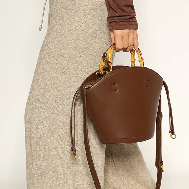 Women's Genuine Leather Tote Bag - Round Wooden Handles Minimalist Shoulder Bag