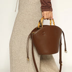Women's Genuine Leather Tote Bag - Round Wooden Handles Minimalist Shoulder Bag