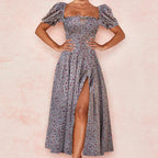 Women's Floral Print Bubble Sleeve Maxi Dress - Square Neck Lace-Up High Waist Split Dress