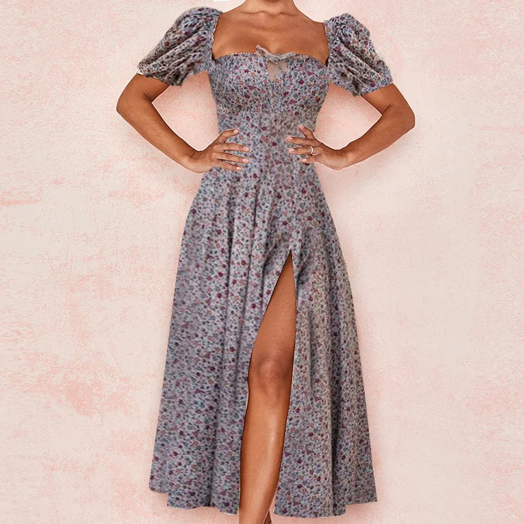 Women's Floral Print Bubble Sleeve Maxi Dress - Square Neck Lace-Up High Waist Split Dress