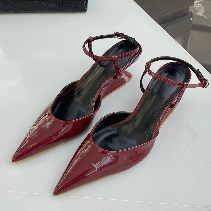 Sculptural Heel Pointed Toe Pumps - Buckle Strap Fashion Heels for Women