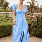 Women's Floral Print Bubble Sleeve Maxi Dress - Square Neck Lace-Up High Waist Split Dress
