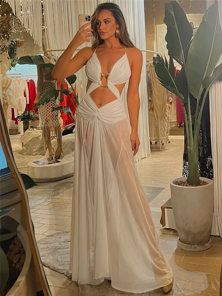 Women's Metal Halter Maxi Dress - Hollow Out Backless Beach Dress